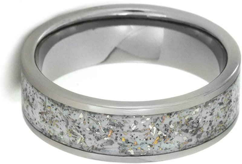 White Meteorite Ring with 14k Yellow Gold Flecks 7mm Comfort-Fit Titanium Band, Size 6.75