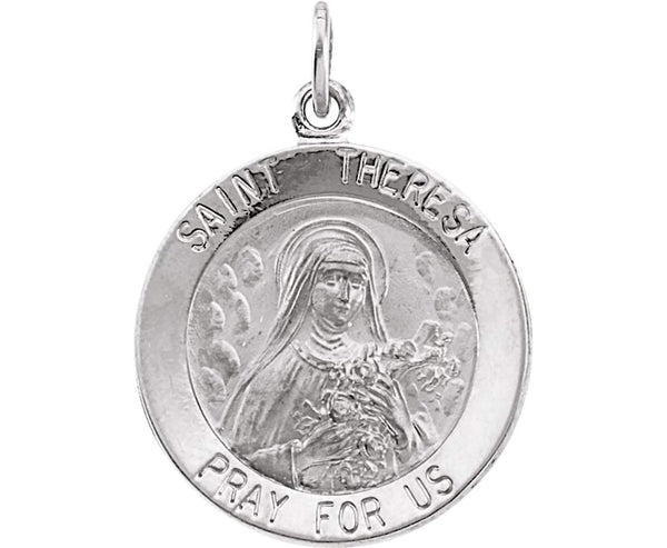 14k White Gold Round St. Theresa Medal 15MM