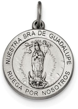 Sterling Silver Satin Antiqued Spanish Lady of Guadalupe Medal Pendant (21X18.5MM)