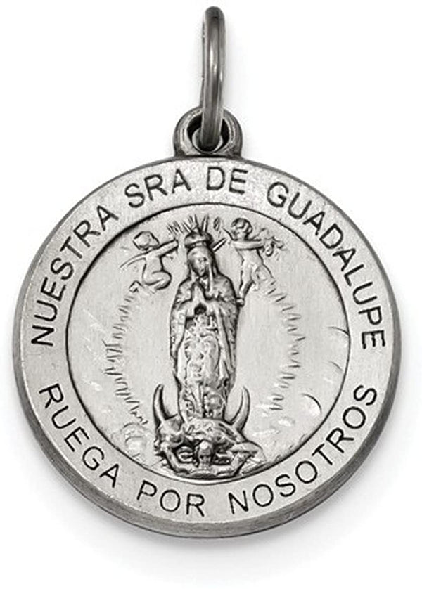 Sterling Silver Satin Antiqued Spanish Lady of Guadalupe Medal Pendant (21X18.5MM)