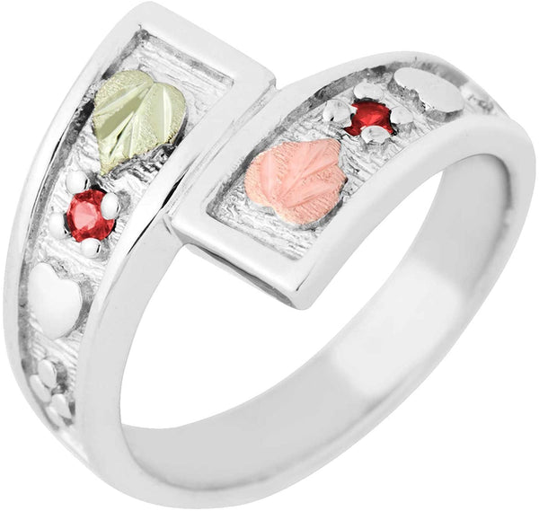 July Birthstone Created Ruby Bypass Ring, Sterling Silver, 12k Green and Rose Gold Black Hills Silver Motif, Size 6.25