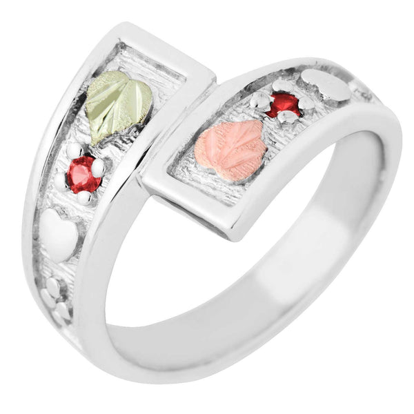 July Birthstone Created Ruby Bypass Ring, Sterling Silver, 12k Green and Rose Gold Black Hills Silver Motif, Size