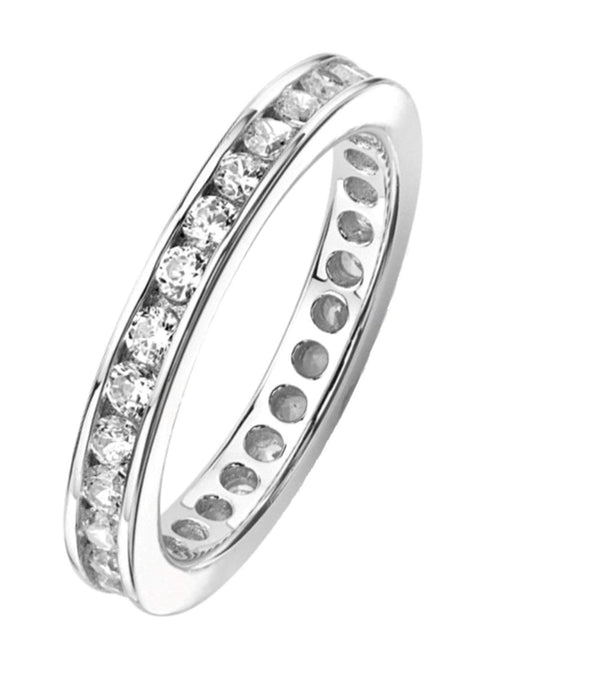 CZ Mirror Polished Rhodium Plated Sterling Silver Eternity Ring