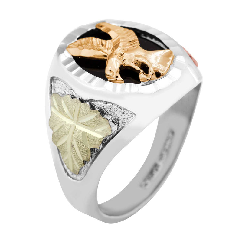 Men's 10k Yellow Gold Eagle and Onyx Ring, Sterling Silver, 12k Green and Rose Gold Black Hills Gold Motif, Size 7.25