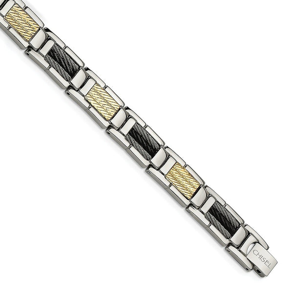 Men's Stainless Steel 10mm Black IP-Plated Wire and 14k Yellow Gold Bracelet, 8.5"