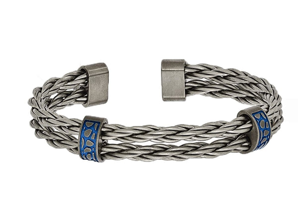 Men's Cobblestone Collection Gray Titanium with Blue Anodized Stations Cuff Bracelet, 7.5"