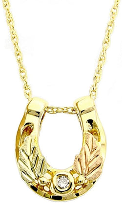 Diamond with Horseshoe Pendant Necklace, 10k Yellow Gold, 12k Green and Rose Gold Black Hills Gold Motif, 18" (.05 Ct)