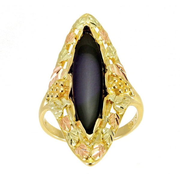 Inlaid Marquise Onyx Ring , 10k Yellow Gold, 12k Green and Rose Gold Black Hills Gold Motif