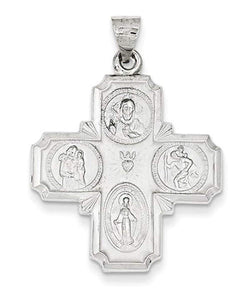 Rhodium-Plated 14k White Gold Four Way Cross Medal Pendant (30X25MM)