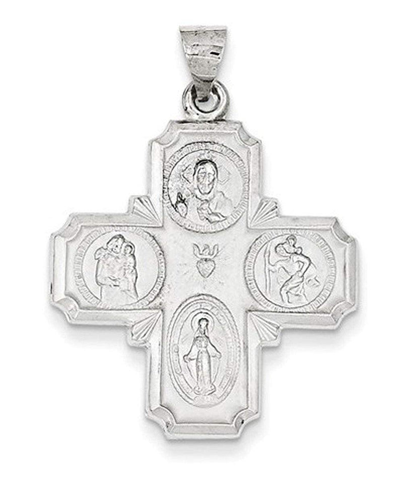 Rhodium-Plated 14k White Gold Four Way Cross Medal Pendant (30X25MM)