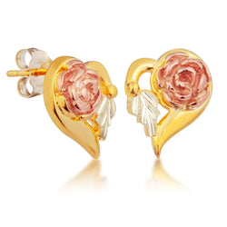 Heart with Bloomed Rose Earrings, 10k Yellow Gold, 10k Rose Gold, 12k Green Gold Black Hills Gold Motif
