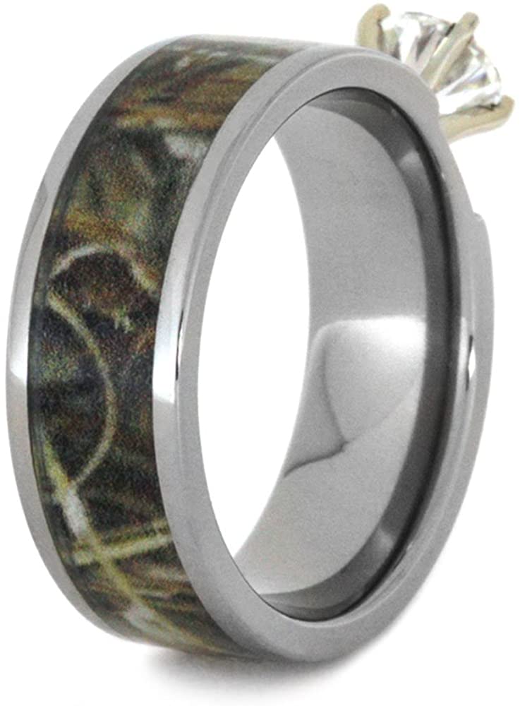 Forever One Moissanite with Camo Inlay 7mm Comfort-Fit Titanium Band, Size 15.25