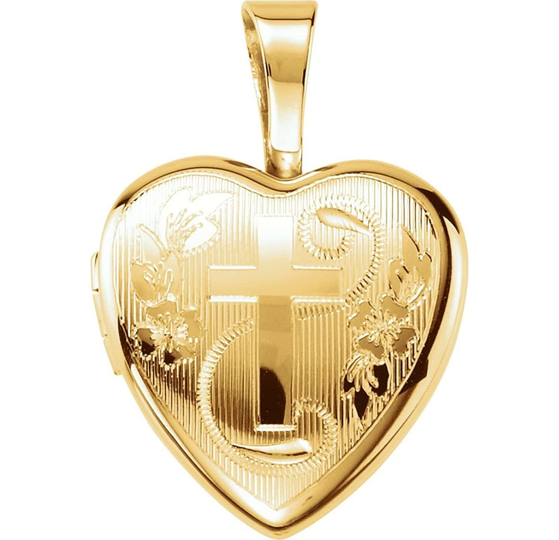 Petite Diamond-Cut Cross and Flower Heart 14k Yellow Gold Plated Sterling Silver Locket Pendant(12.50X12.00 MM)