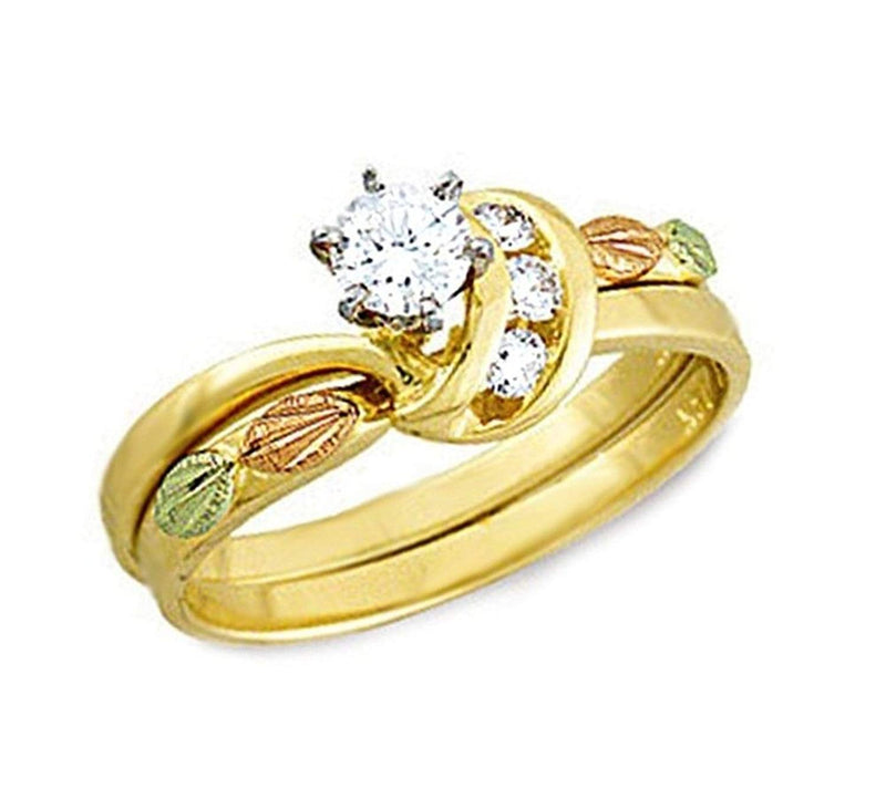 Diamond Bridal Set Engagement and Wedding Ring, 10k Yellow Gold, 12k Green and Rose Gold Black Hills Gold Motif (.34 Ctw)