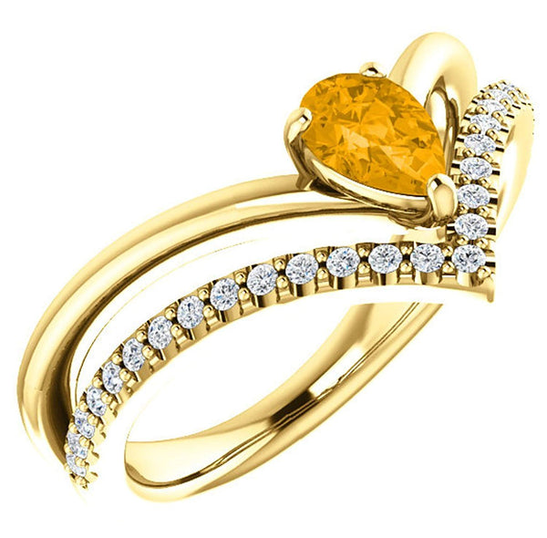 Citrine Pear and Diamond Chevron 14k Yellow Gold Ring (.145 Ctw, G-H Color, I1 Clarity)