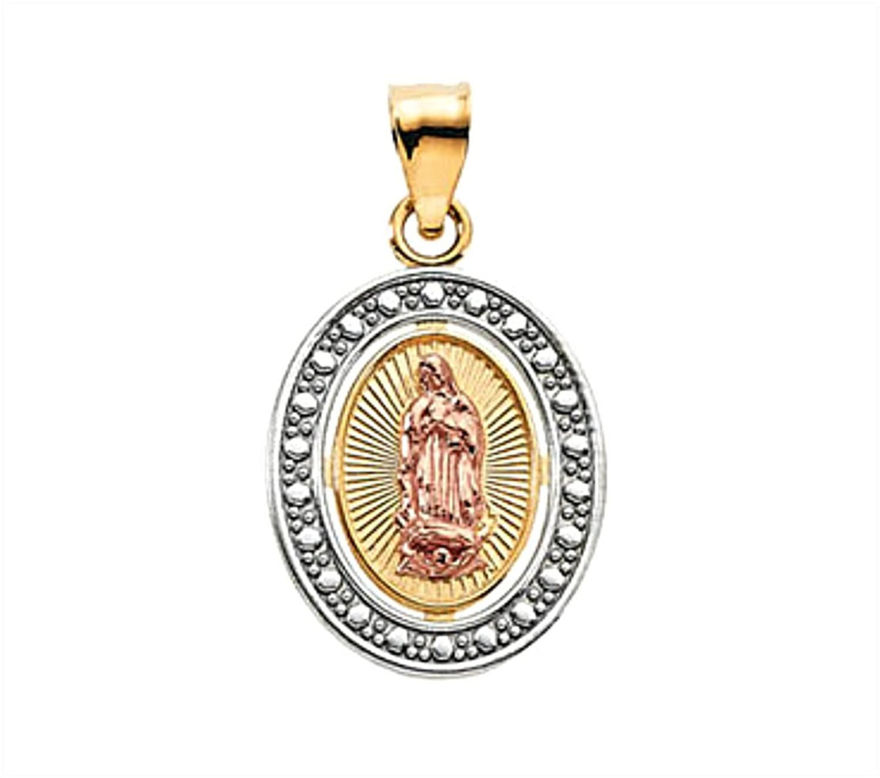 Rhodium-Plated 14k Yellow and Rose Gold Tri-Color Our Lady of Guadalupe Oval Pendant (15.5x12.75 MM)