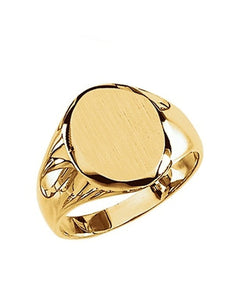Men's Closed Back Brushed Oval Signet Semi-Polished 14k Yellow Gold Ring (13.25x10.75mm) Size 11