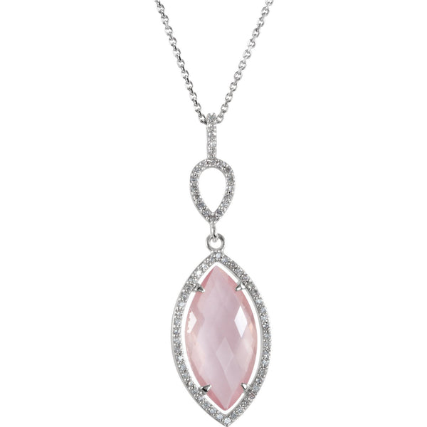 Rose Quartz Marquise Diamond Halo Sterling Silver Drop Necklace, 18"