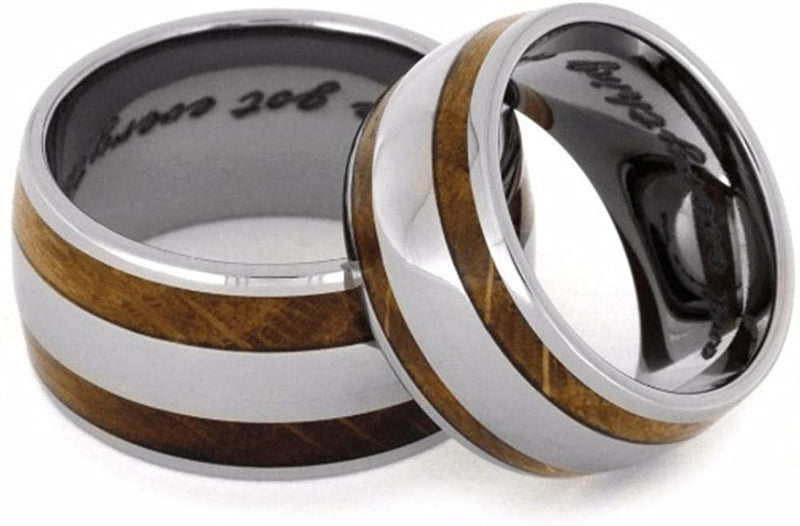Oak Whiskey Barrel Wood, Titanium Stripe Inlay and His and Hers Titanium Wedding Band Set, M11.5-F4