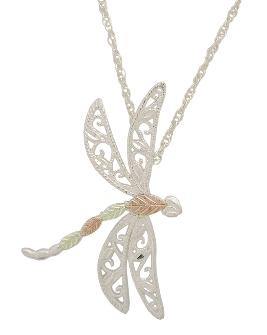 Dragonfly Pendant Necklace, Sterling Silver, 12k Green and Rose Gold Black Hills Gold Motif, 18''