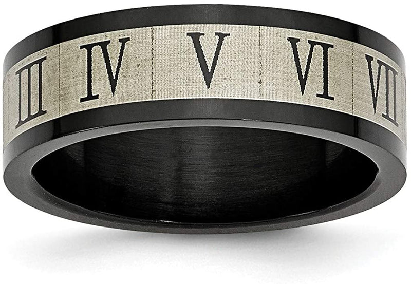 Brushed Stainless Steel, Black IP 7mm Roman Numeral Comfort-Fit Flat Band, Size 8.5