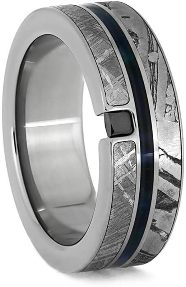 The Men's Jewelry Store (Unisex Jewelry) Black Diamond, Seymchan Meteorite, Blue Box Elder Wood, Gibeon Meteorite 8.5mm Titanium Comfort-Fit Wedding Band, Size 5