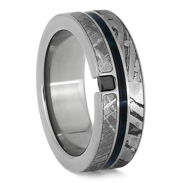 The Men's Jewelry Store (Unisex Jewelry) Black Diamond, Seymchan Meteorite, Blue Box Elder Wood, Gibeon Meteorite 8.5mm Titanium Comfort-Fit Wedding Band