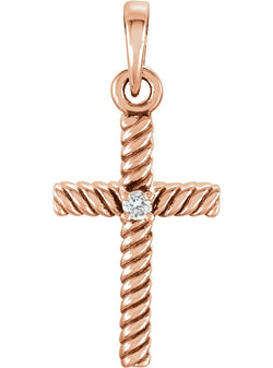 Diamond Rope-Trim Cross 14k Rose Gold Pendant (.015 Ct, G-H Color, I1 Clarity)
