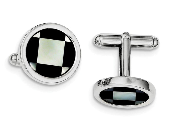 Rhodium-Plated Sterling Silver with Mother Of Pearl and Black Enamel Coin Cuff Links, 17MM