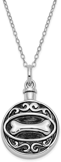 Antiqued Dog Bone Ash Holder Pendant Necklace, Rhodium-Plated Sterling Silver, 18" (36x25MM)