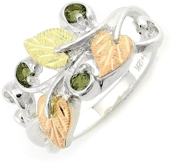 Lab Created Soude Peridot August Birthstone Ring, Sterling Silver, 12k Green and Rose Gold Black Hills Gold Motif, Size 7.75
