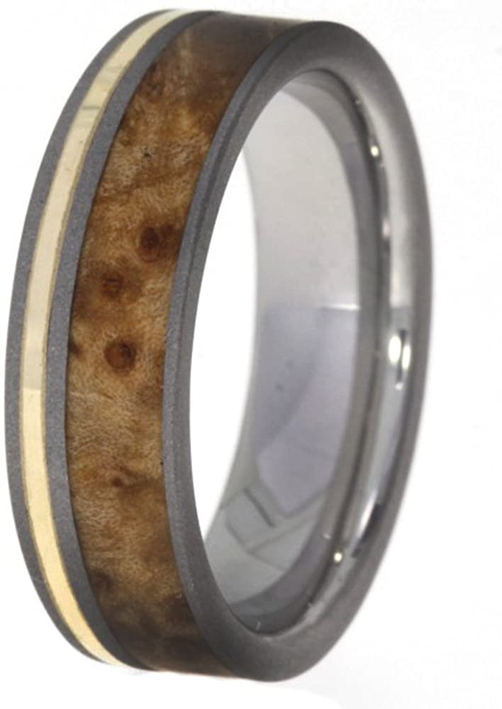 Black Ash Burl Wood, 14k Yellow Gold 5.5mm Comfort Fit Sandblasted Titanium Band, Size 5.5