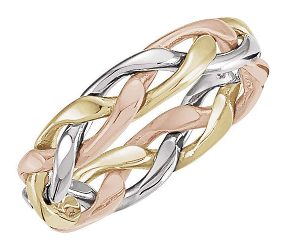 4.75mm 14k Yellow, White and Rose Gold Tri-Color Hand Woven Band, Sizes 5 to 12.5