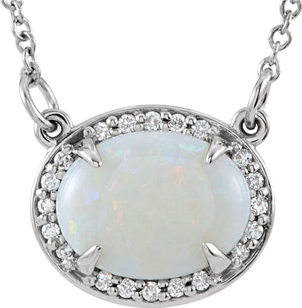 14K White Gold Cabochon Opal and Diamond Halo Necklace, 16.5"