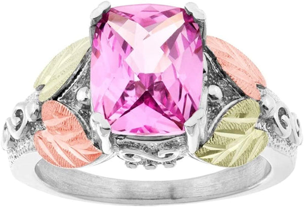 Rhodium-Plated Sterling Silver Cushion-Cut Created Pink Sapphire Ring, 12k Rose and Green Gold Black Hills Gold, Size 4.5