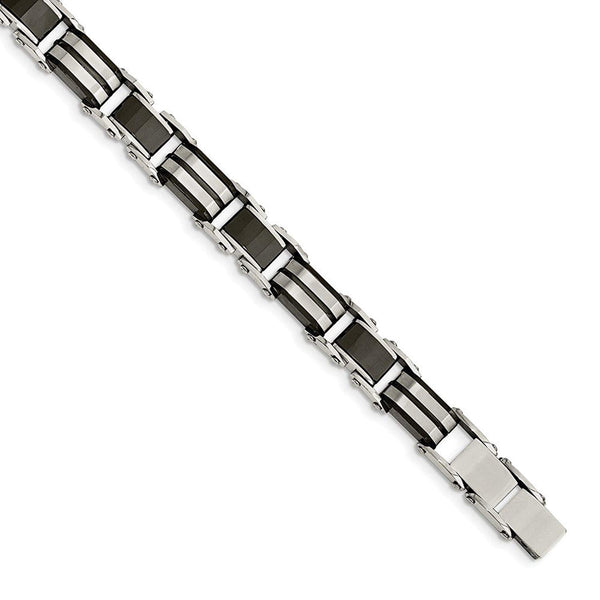 Men's Brushed Stainless Steel Black Ceramic Link Bracelet, 7.5"