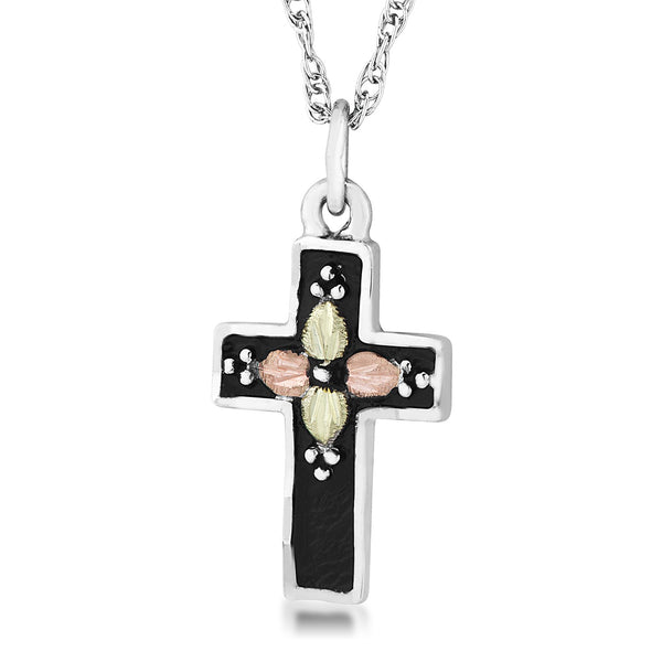 Boys Black Cross Pendant Necklace, Sterling Silver, 12k Green and Rose Gold Black Hills Gold Motif, 18''