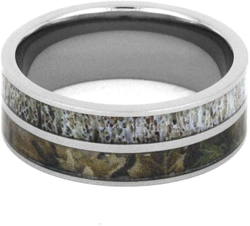 Forever One Moissanite, Camo Engagement Ring and Deer Antler, Camo Print Titanium Band, His and Her Wedding Band Set, M15.5-F5