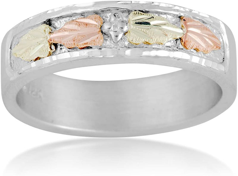 Women's Diamond-Cut Wedding Ring, Sterling Silver, 12k Green and Rose Gold Black Hills Gold Motif, Size 5