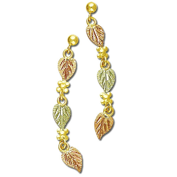 Three Frosty Leaves Earrings, 10k Yellow Gold, 12k Green and Rose Gold Black Hills Gold Motif