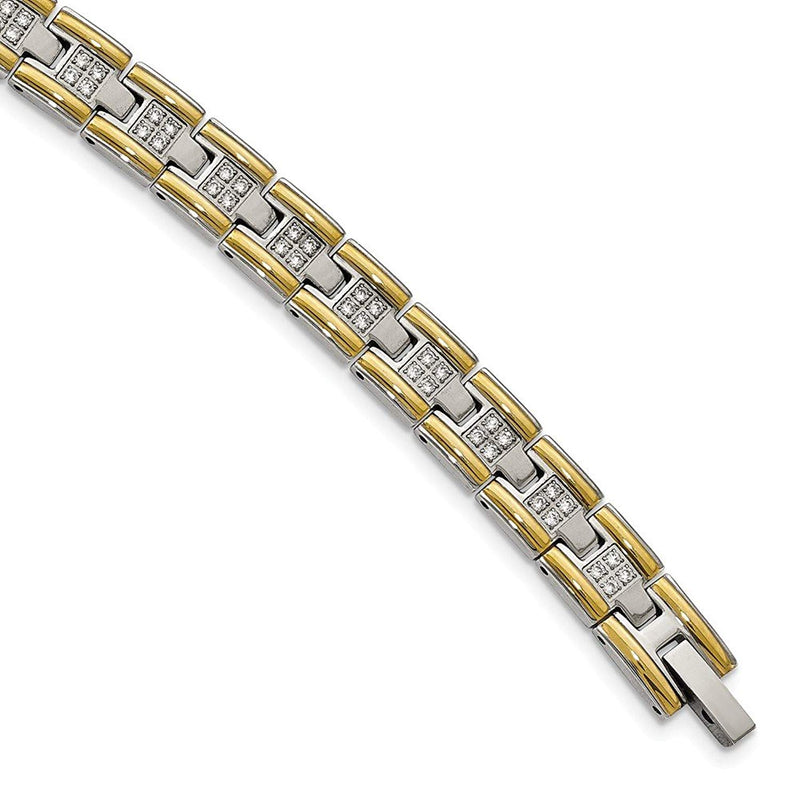Men's Polished Stainless Steel Yellow IP-Plated CZ Link Bracelet, 8.5"