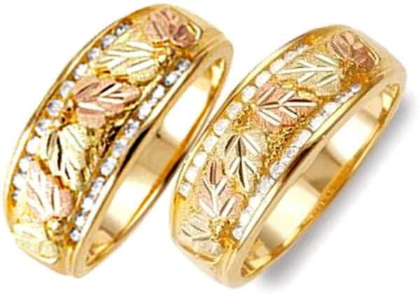 The Men's Jewelry Store (Unisex Jewelry) Diamond Bands, 10k Yellow Gold, 12k Green and Rose Gold Black Hills Gold Motif Couples Wedding Ring Set
