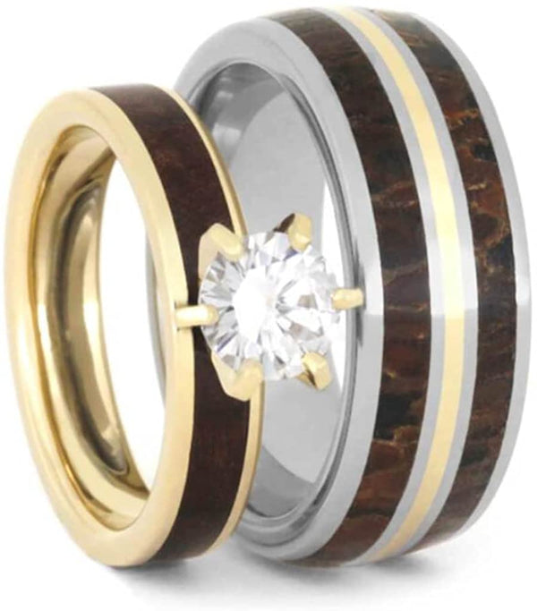 Forever One Moissanite, Dinosaur Bone, Maple Burl, 10k, 14k Yellow Gold Comfort-Fit Titanium Couples Wedding Band Set Size, M11-F9