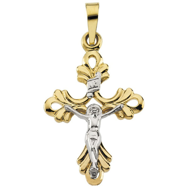 Two-Tone Floret Crucifix Pendant, 14k Yellow and White Gold (27.25X16.75MM)