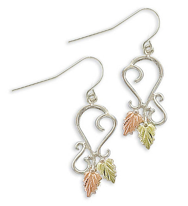 Unique Design with Leaves Earrings, Sterling Silver, 12k Green and Rose Gold Black Hills Gold Motif