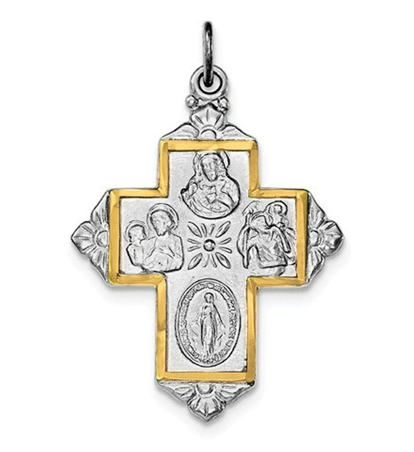 Rhodium-plated Sterling Silver and Gold-tone 4-Way Medal Cross Pendant