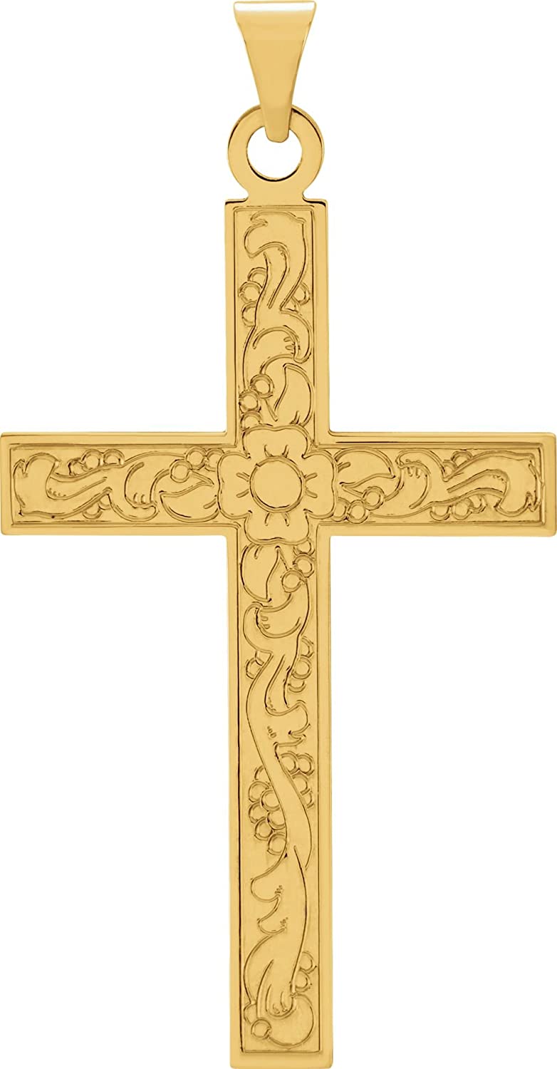 Floral True Cross 14k Yellow Gold Pendant (49x25 MM)