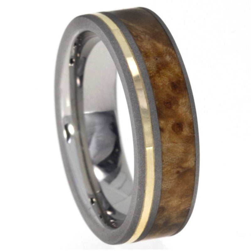 Black Ash Burl Wood, 14k Yellow Gold 5.5mm Comfort Fit Sandblasted Titanium Band