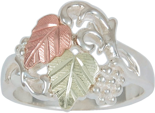 Grape Leaf Statement Ring, Sterling Silver, 12k Green and Rose Gold Black Hills Gold Motif, Size 10.5
