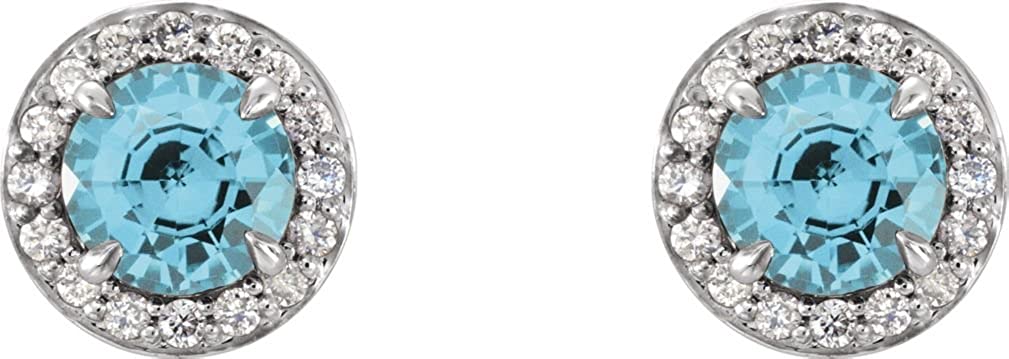 Blue-Zircon and Diamond Halo-Style Earrings, 14k White Gold (3.5MM) (.16 Ctw, G-H Color, I1 Clarity)